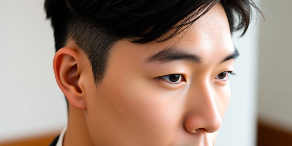 Man with classic Korean haircut, stylish, clean, sophisticated.