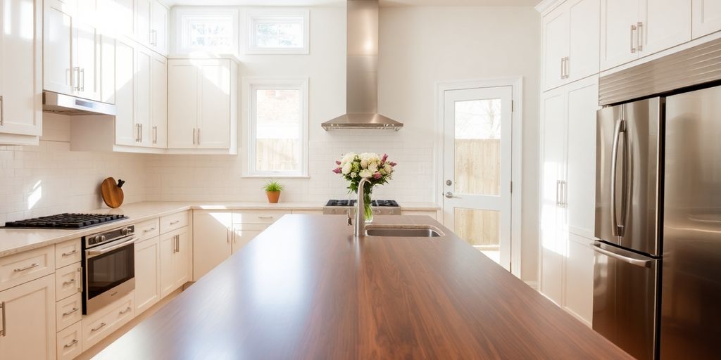 Remodeled kitchen interior with new cabinets and island.