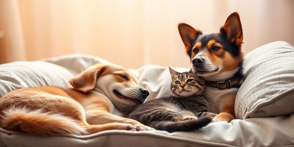Dog and cat relaxing together in a cozy setting.