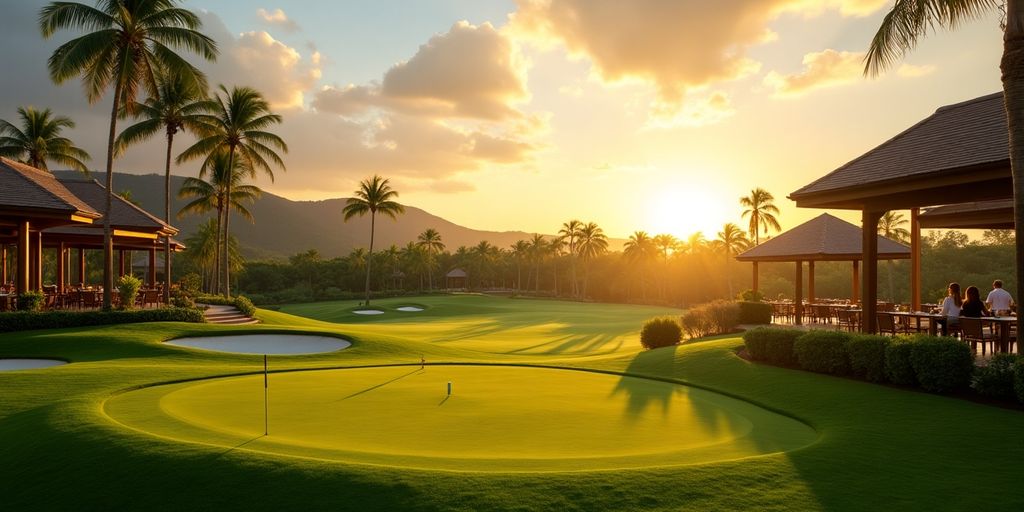 Luxurious golf course with sunset and gourmet dining.