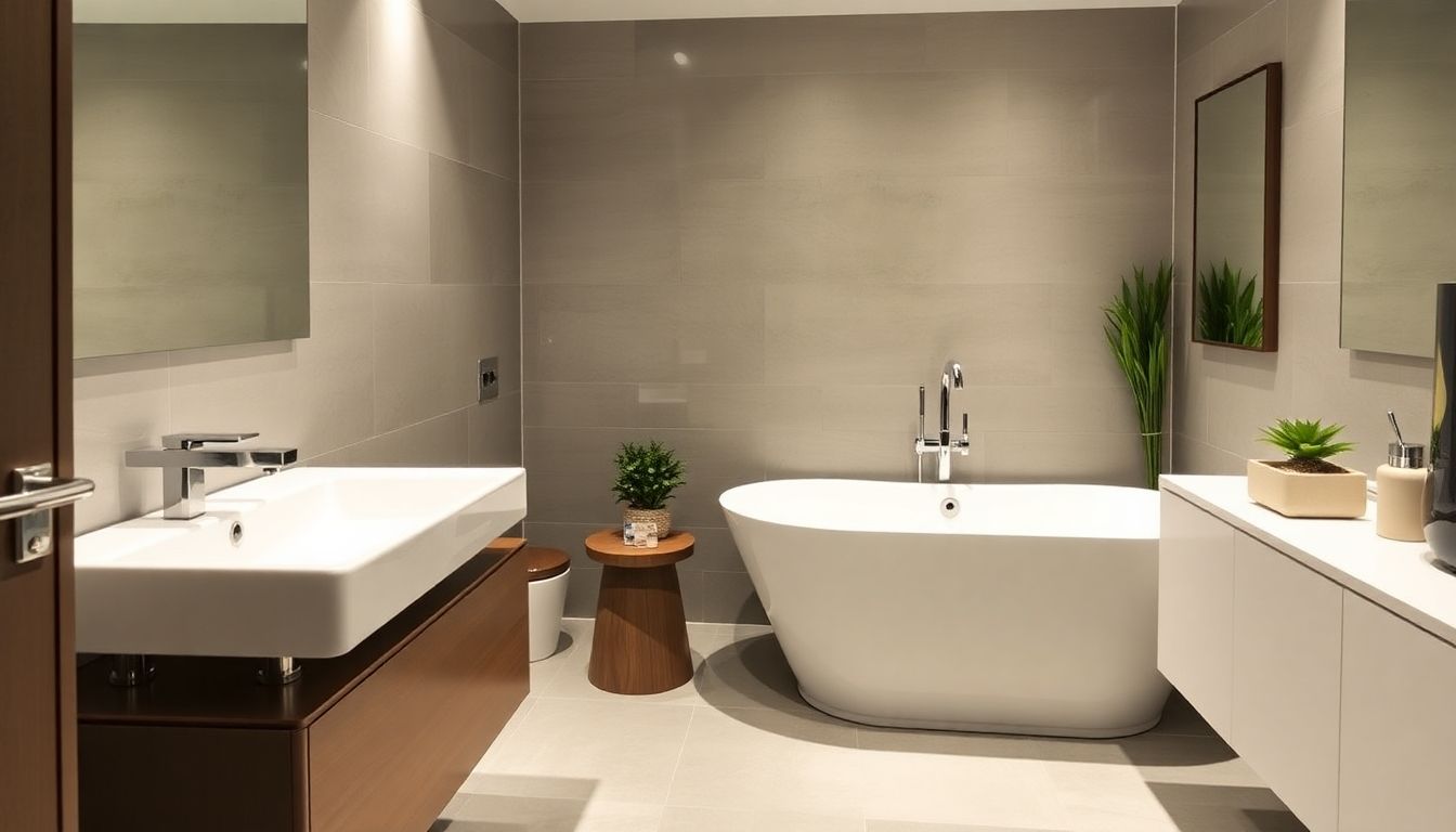 Modern bathroom with freestanding tub and elegant tiles.