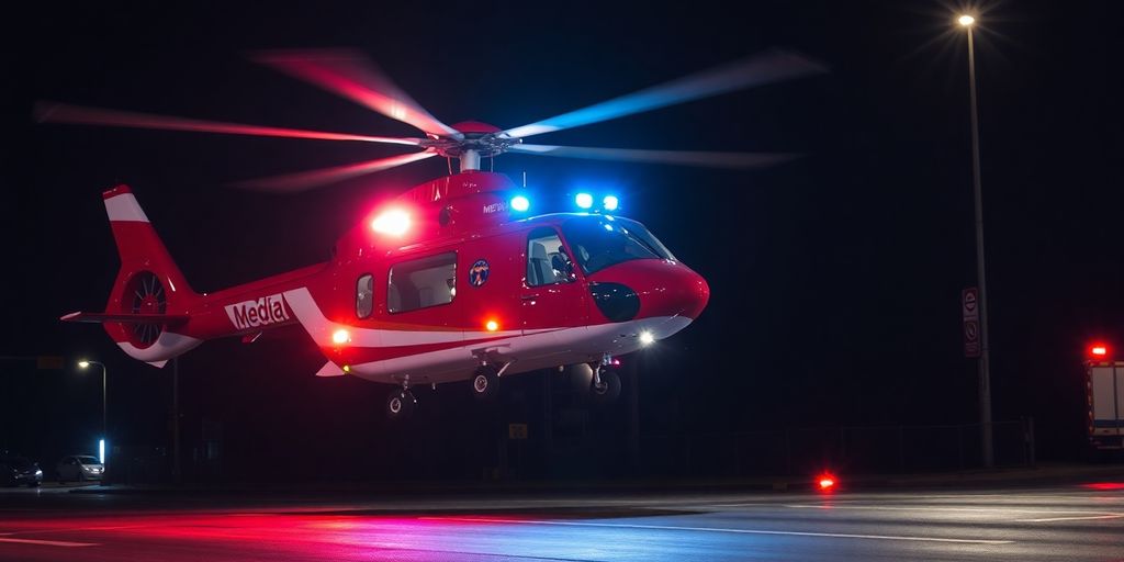 An emergency medical helicopter lands on a city street at night.