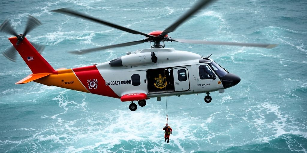 A US Coast Guard helicopter during an ocean rescue mission.
