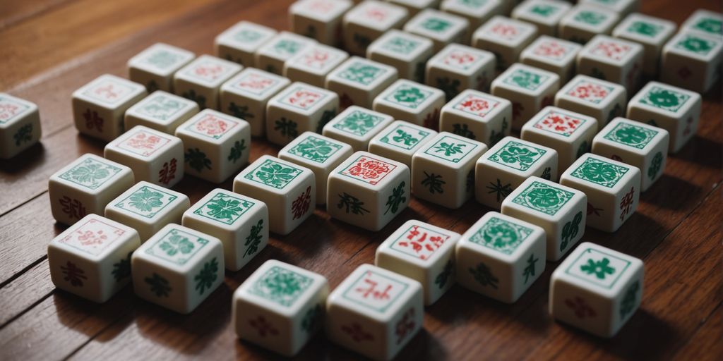 Mahjong tiles neatly arranged on a wooden table.
