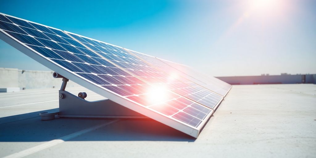 Panneaux solaires fixés sur un toit plat professionnel.