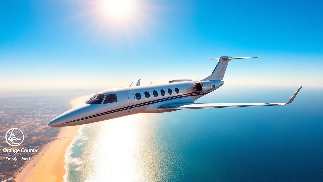 Private jet flying over Orange County coastline.