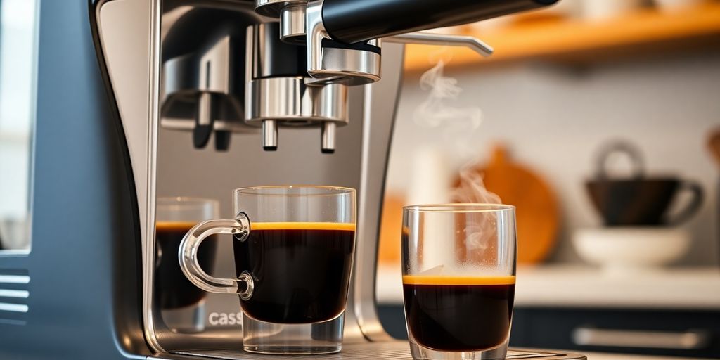 Close-up of rich, dark espresso pouring into a clear glass cup.