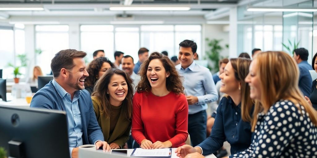 Group of smiling co-workers enjoying a lively conversation.