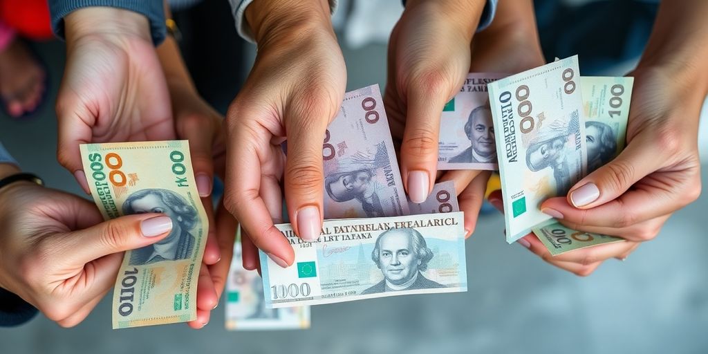 Hands holding diverse international bank currency.