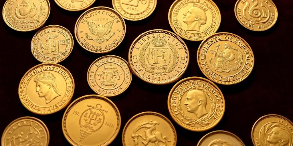 Pièces d'or historiques françaises sur fond velours.