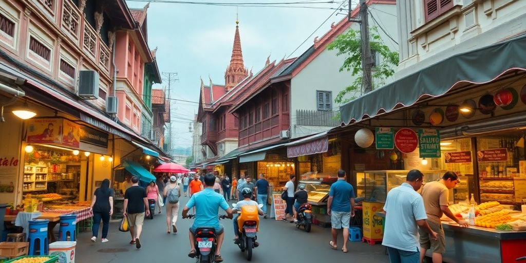 Colourful Bangkok street scene with local markets and food.