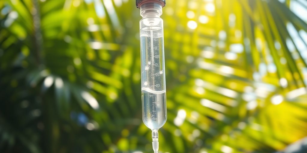 Intravenous drip with light, tropical background.