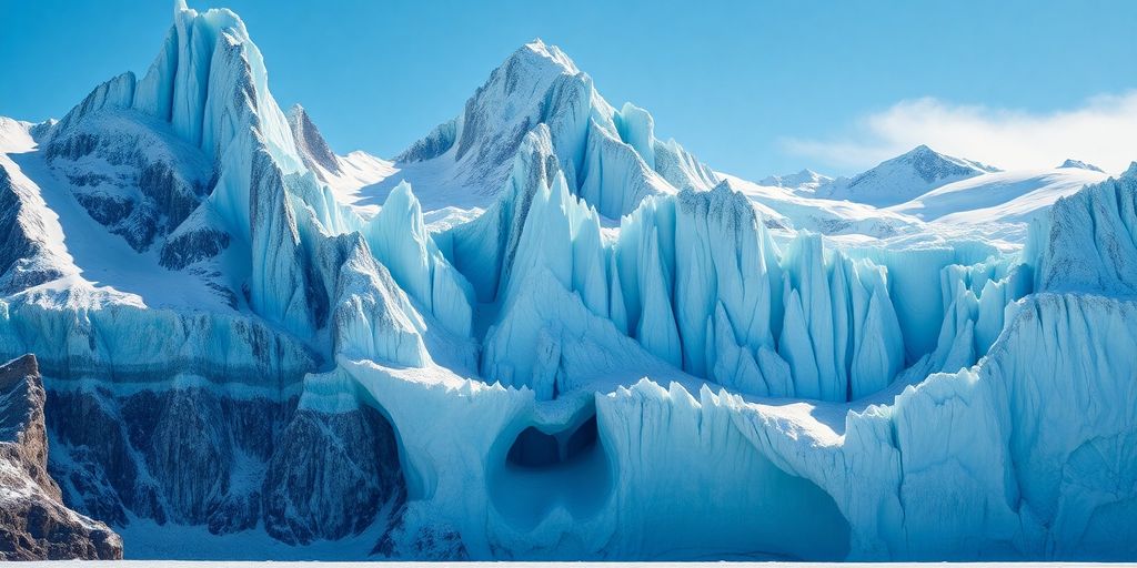 Vast Alaskan glacier with deep blue ice caves.