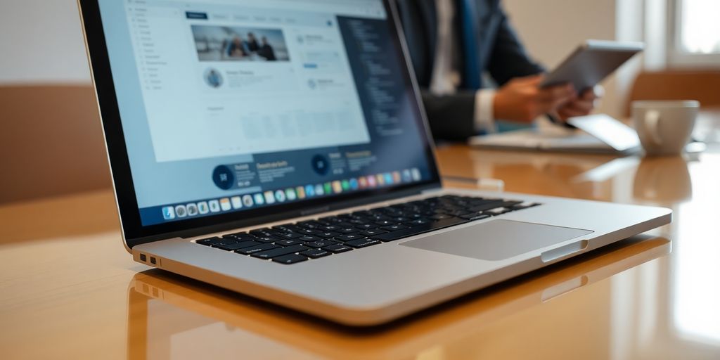 Macbook next to an IT professional working on a tablet.