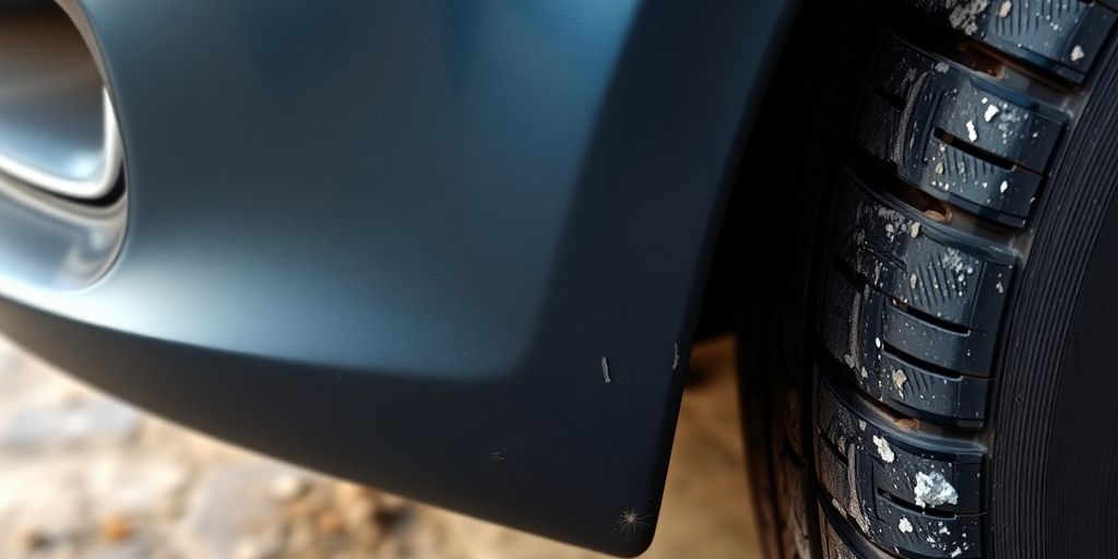 Beschädigte Stoßstange, Spiegel und Reifen an einem deutschen Auto.