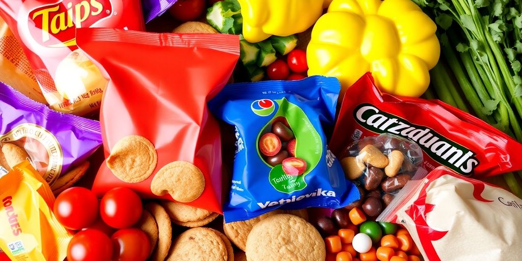 Colorful unhealthy packaged snacks on a table.