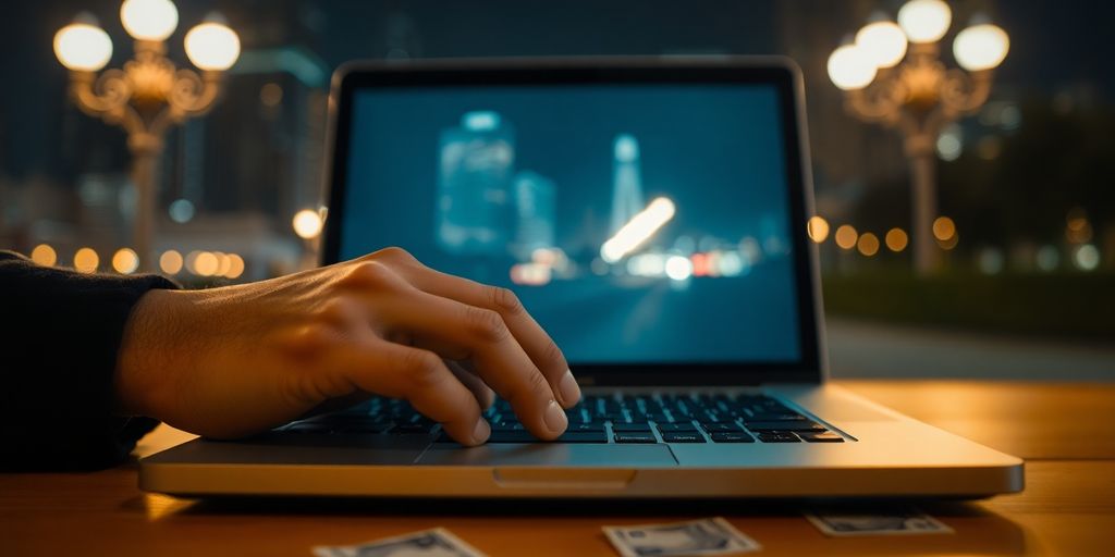 Bright screen, hands, money, city lights