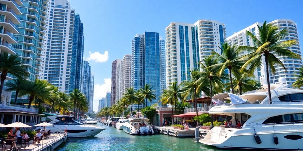 Luxury high-rises and vibrant waterfront in Brickell, Miami.