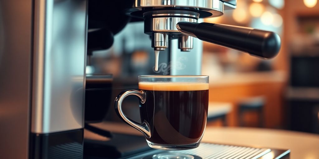 Sleek, modern commercial coffee machine dispensing espresso.
