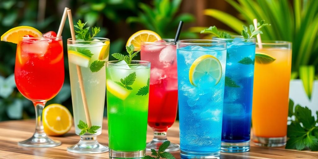 Colorful non-alcoholic drinks on a wooden table.