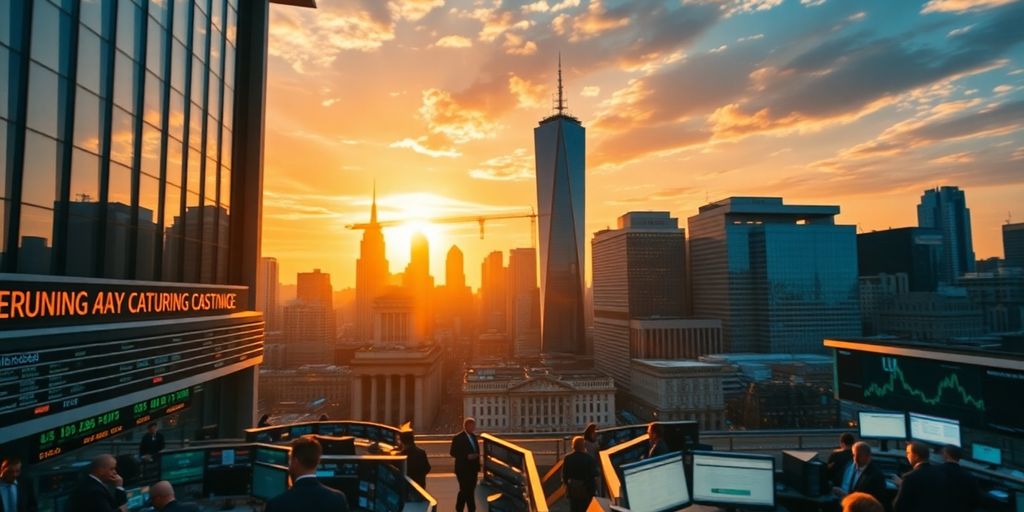Sunrise illuminating city skyline, active stock exchange