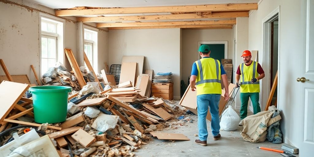 Professional junk removal team clearing debris from a home.