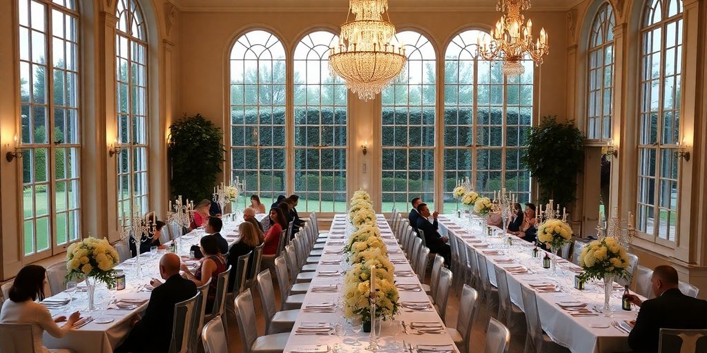 Елегантний весільний прийом у французькому замку, історична архітектура, квіткові прикраси.