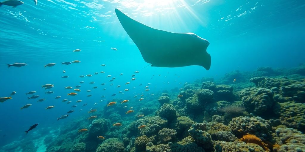 Vibrant coral reef teeming with colorful fish and curious sharks.