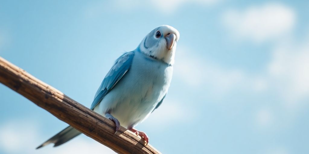 Blue parakeet perched on branch against bright cloudy blue sky