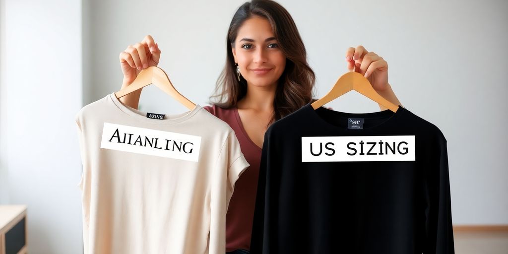 Woman comparing Asian and US clothing sizes.