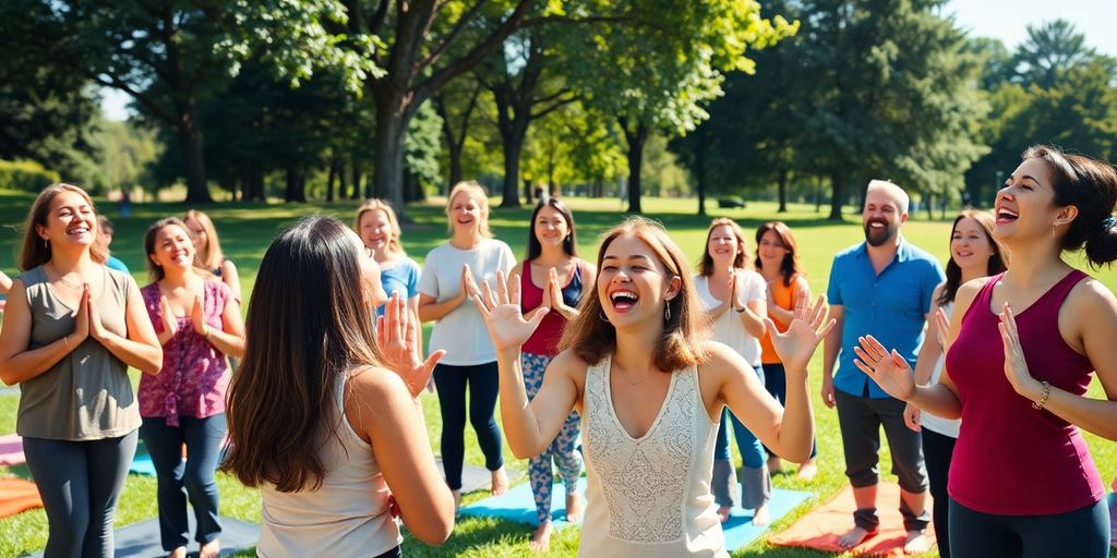 Groep mensen die samen lachyoga beoefenen en lachen.