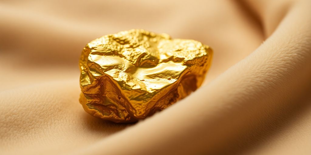 Gros plan d'un nugget d'or sur velours.