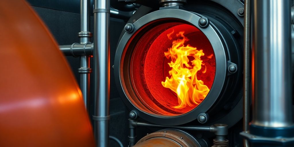 Industrial steam boiler with flames and metallic pipes.