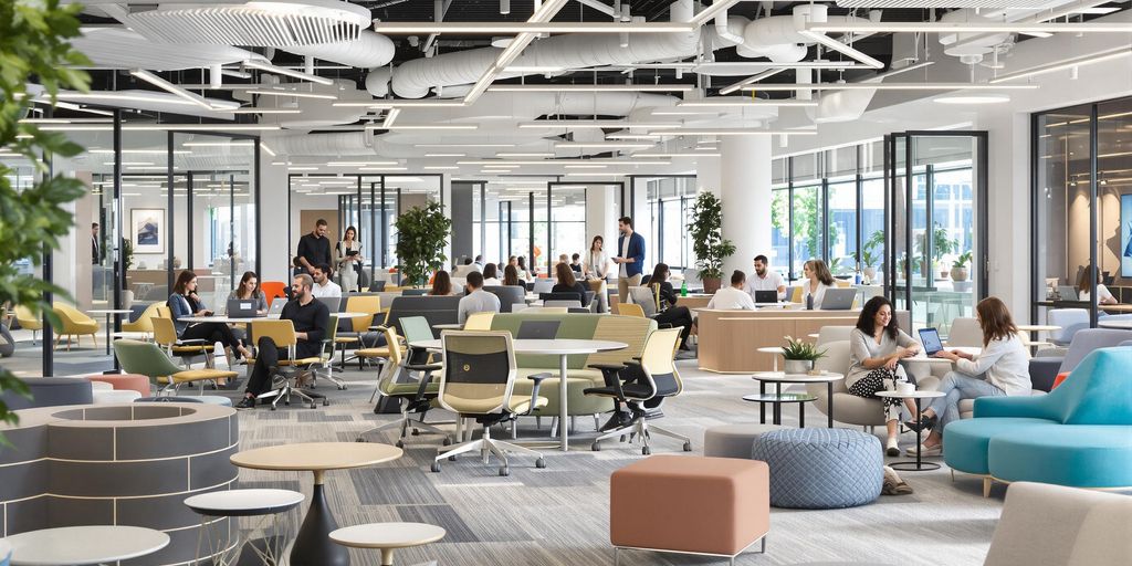 Modern flexible office space with professionals collaborating.