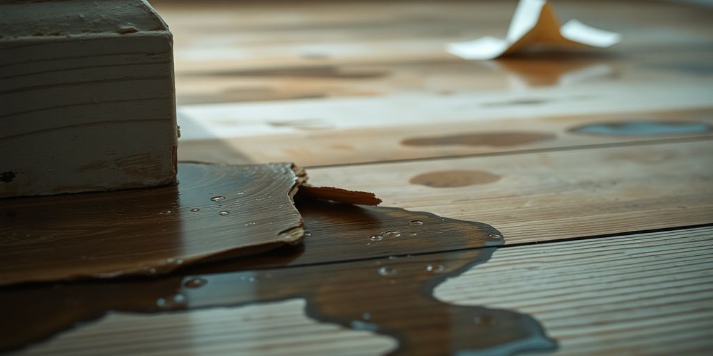 Close-up of water-damaged flooring and peeling paint.