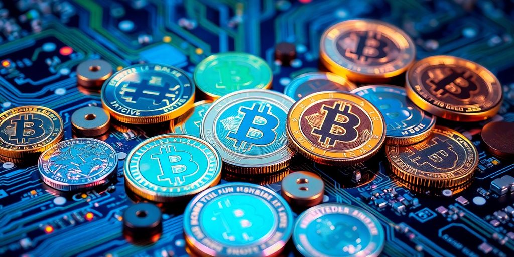 Colorful crypto coins on a digital circuit board.