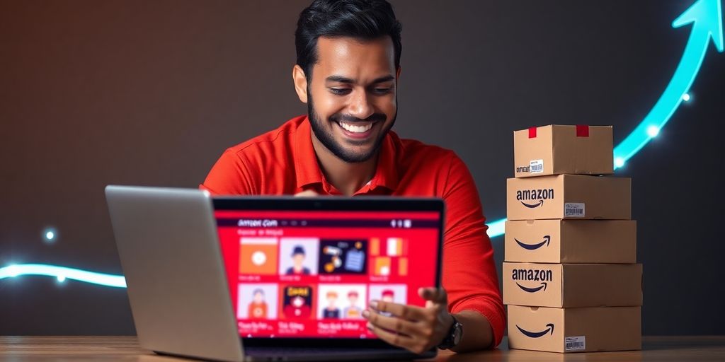 Person smiling, laptop, rising Amazon boxes, e-commerce growth.