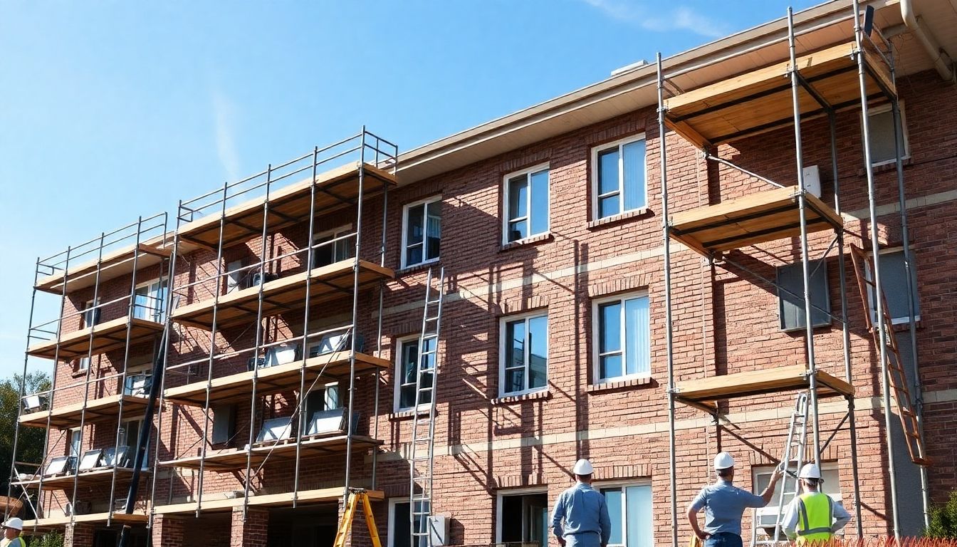 Multi-family property renovation with scaffolding and workers.
