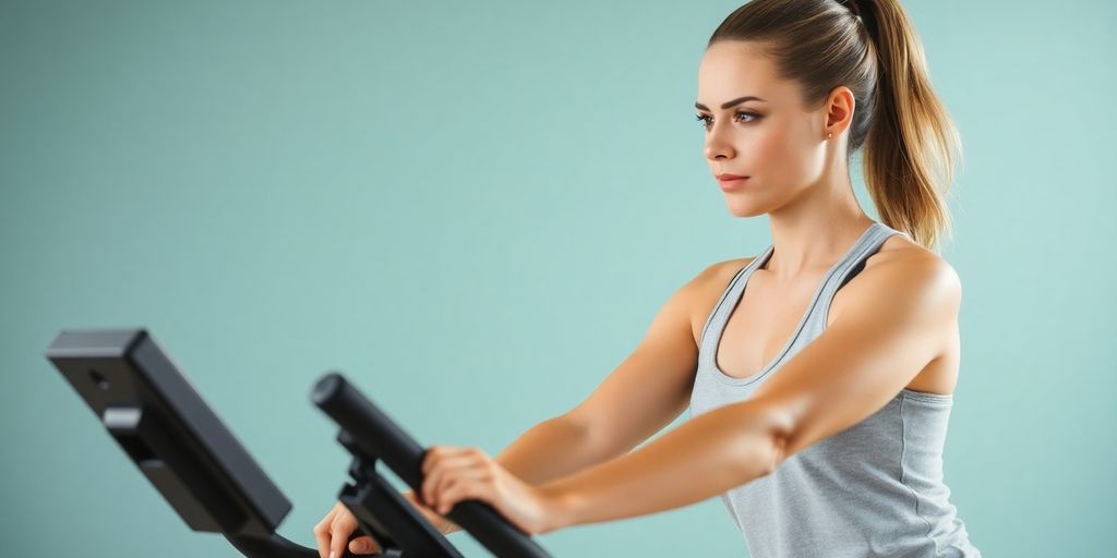 Woman cycling on a stationary bike, improving balance.