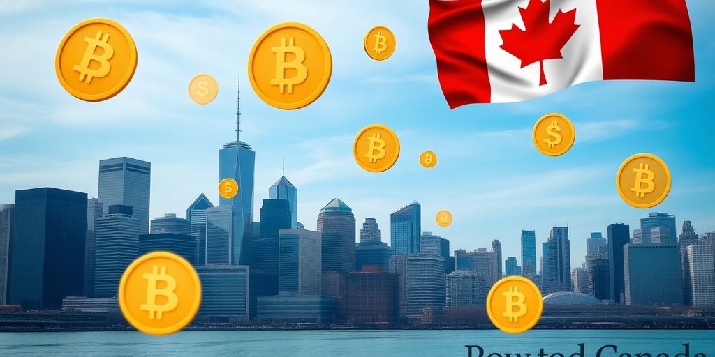 Canadian skyline with digital currency symbols above it.