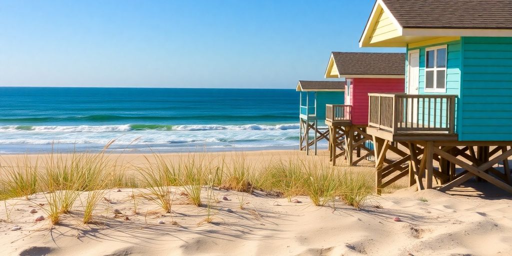 Coastal homes, ocean view, serene beach scene.