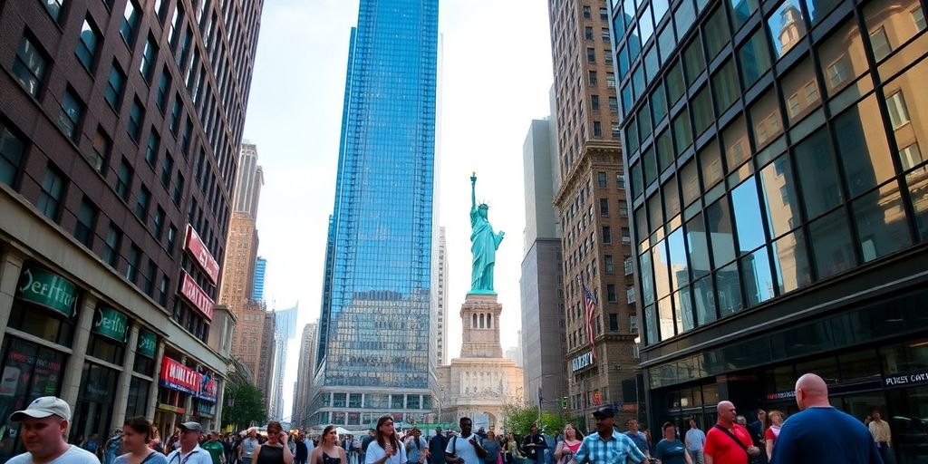 Skyscrapers, people, and Statue of Liberty.