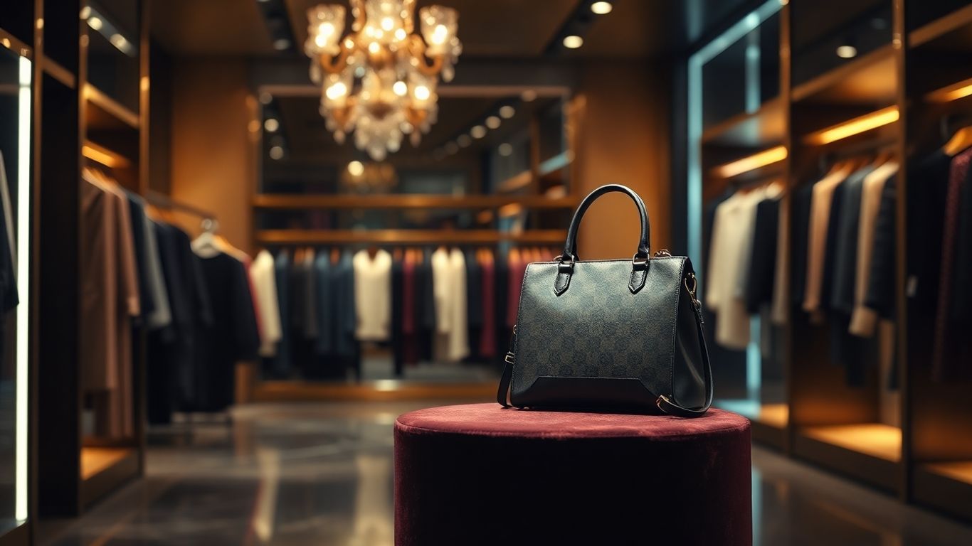 Designer handbag in spotlight within exclusive boutique