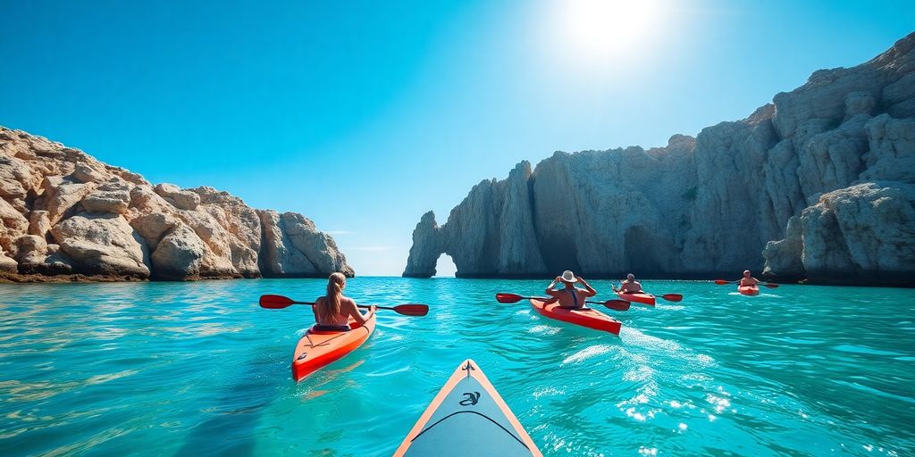 Tourists kayaking clear turquoise water, rocky cliffs, sunny sky. 