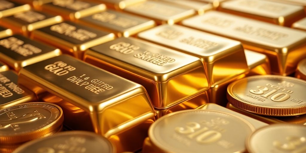 Des lingots et pièces d'or brillants en gros plan.