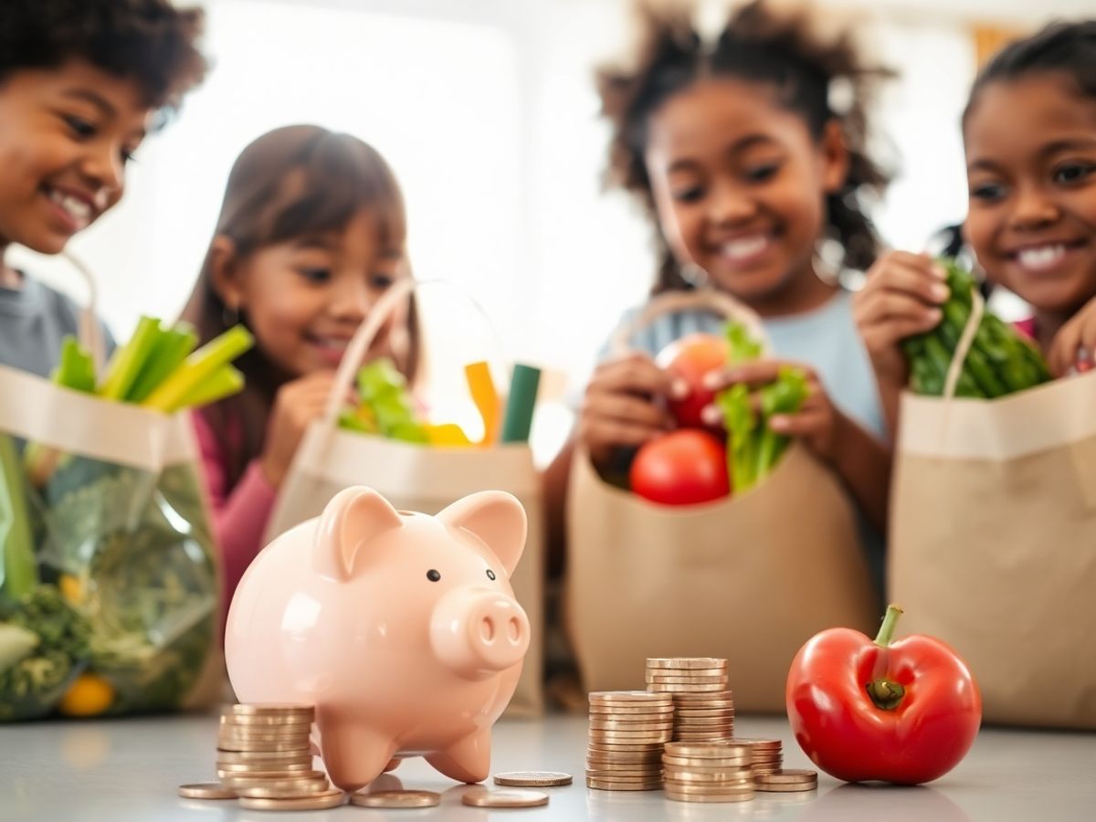 Copii zâmbitori lângă pușculiță și alimente