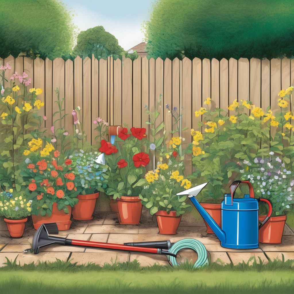 British garden with essential tools and garden hose