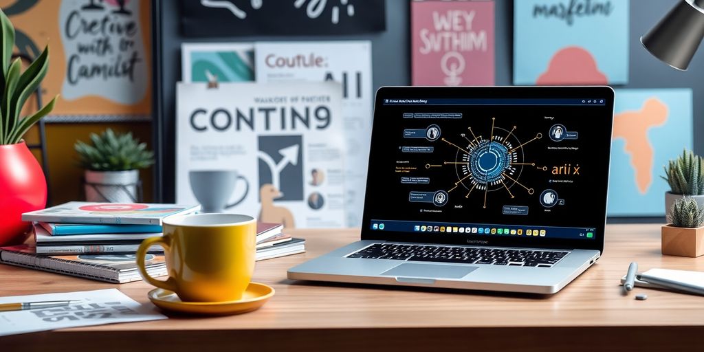 Escritório moderno com laptop e materiais de marketing.