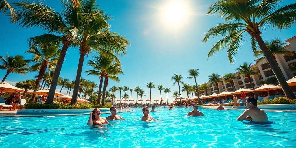 Tourists enjoying a resort pool in Cabo San Lucas.