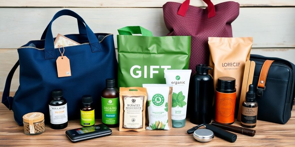 Eco-friendly gifts for men on a wooden table.